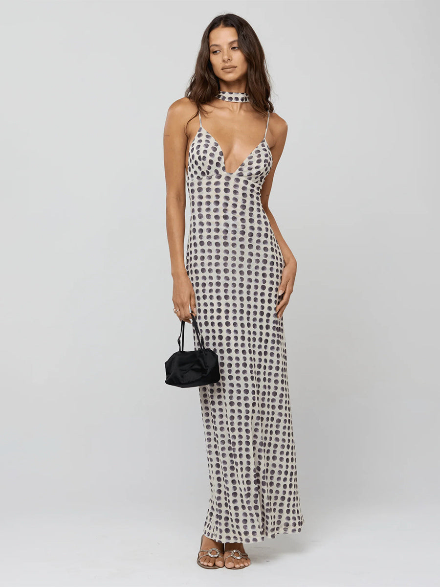 Polka Dot Slip Maxi Dress For Women - Vintage Deep V Neck Backless Bodycon Long Dress With Scarf - Summer Party Night 2026