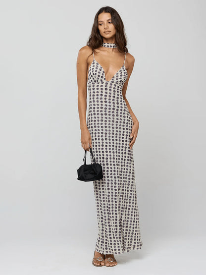 Polka Dot Slip Maxi Dress For Women - Vintage Deep V Neck Backless Bodycon Long Dress With Scarf - Summer Party Night 2026