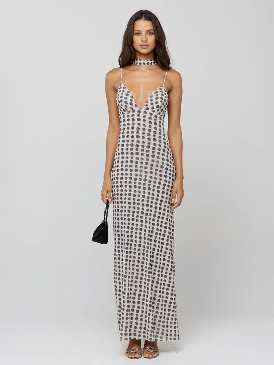 Polka Dot Slip Maxi Dress For Women - Vintage Deep V Neck Backless Bodycon Long Dress With Scarf - Summer Party Night 2026