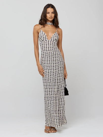 Polka Dot Slip Maxi Dress For Women - Vintage Deep V Neck Backless Bodycon Long Dress With Scarf - Summer Party Night 2026
