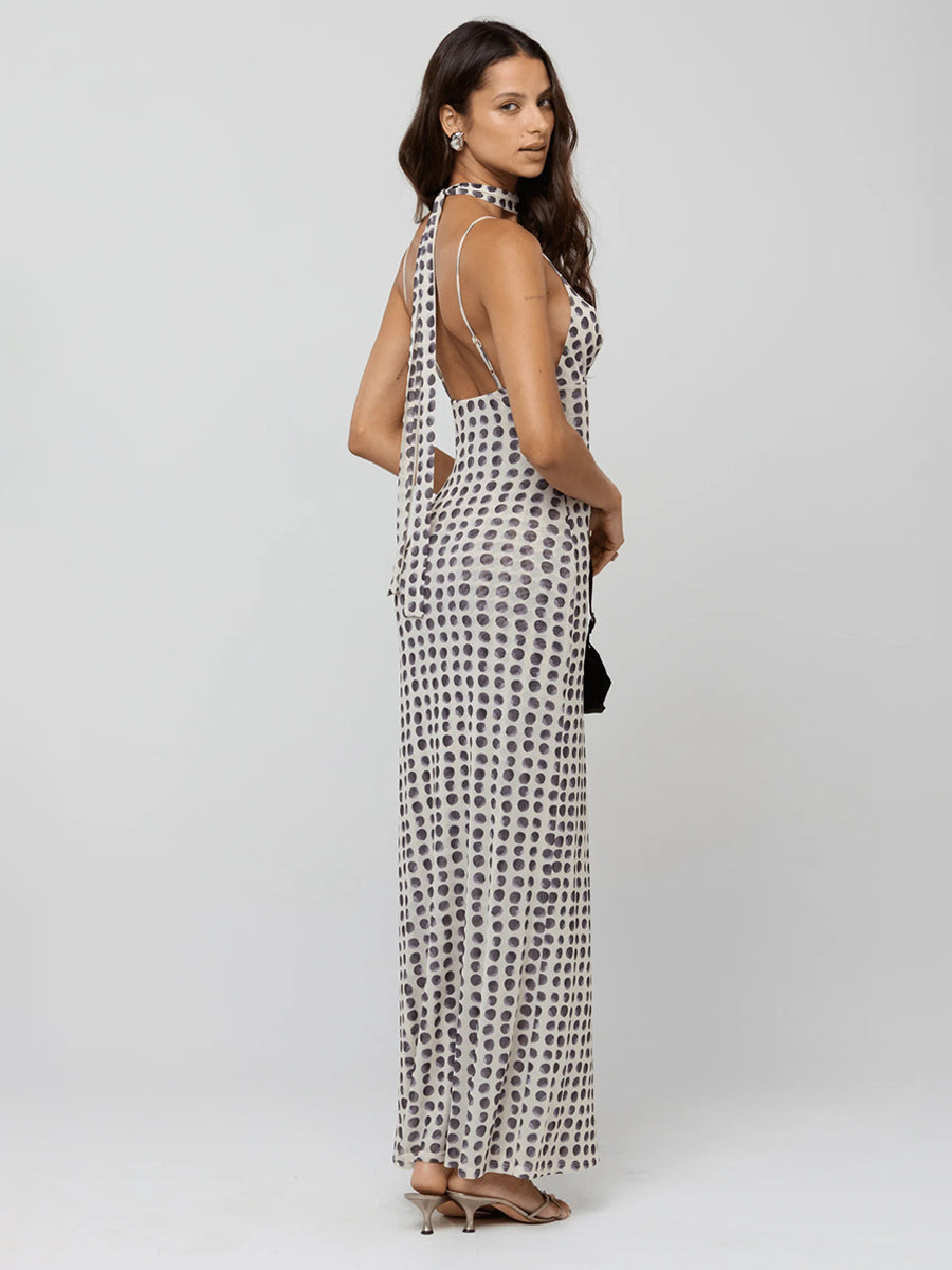 Polka Dot Slip Maxi Dress For Women - Vintage Deep V Neck Backless Bodycon Long Dress With Scarf - Summer Party Night 2026