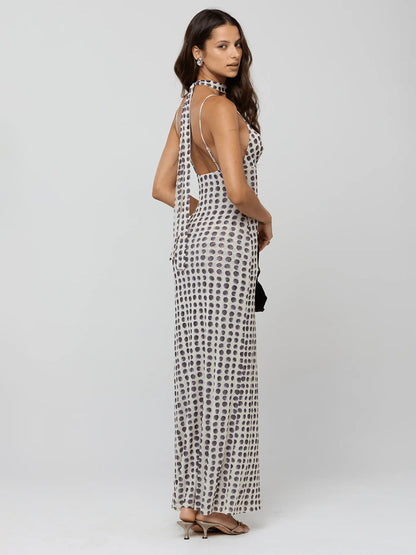 Polka Dot Slip Maxi Dress For Women - Vintage Deep V Neck Backless Bodycon Long Dress With Scarf - Summer Party Night 2026