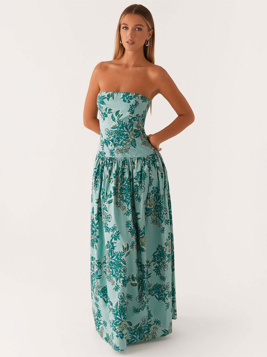 Strapless Printed Maxi Dress For Women - BoHo Bandeau Pleated Drop Waist Long Sundress - Summer Garden Party 2026