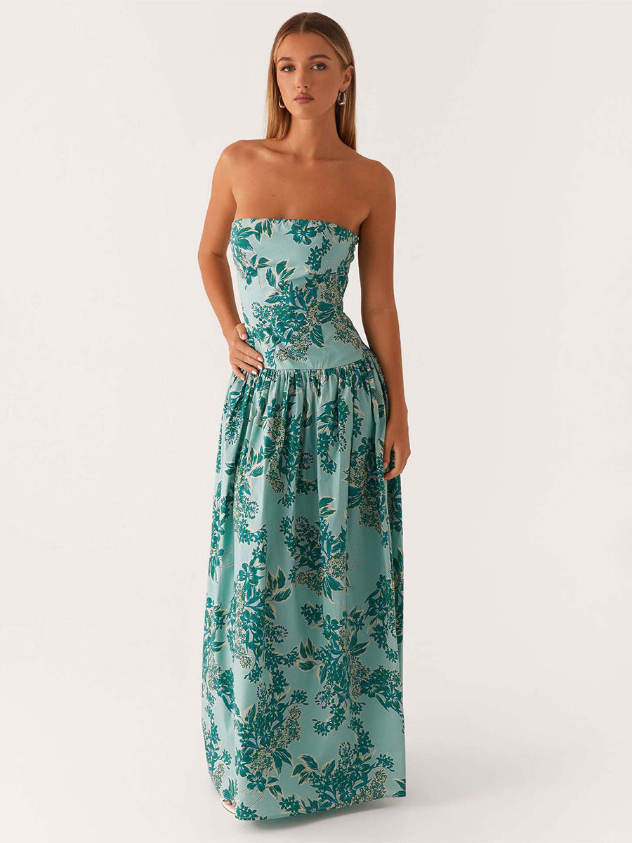 Strapless Printed Maxi Dress For Women - BoHo Bandeau Pleated Drop Waist Long Sundress - Summer Garden Party 2026