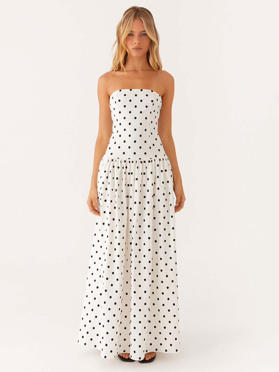 Strapless Printed Maxi Dress For Women - BoHo Bandeau Pleated Drop Waist Long Sundress - Summer Garden Party 2026