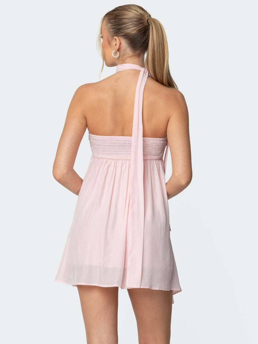 Ruched Mini Chiffon Dress For Women - Pink Sweetheart Neck Halter Scarf A-Line Fit Flare Sundress - Summer Birthday Cocktail 2026