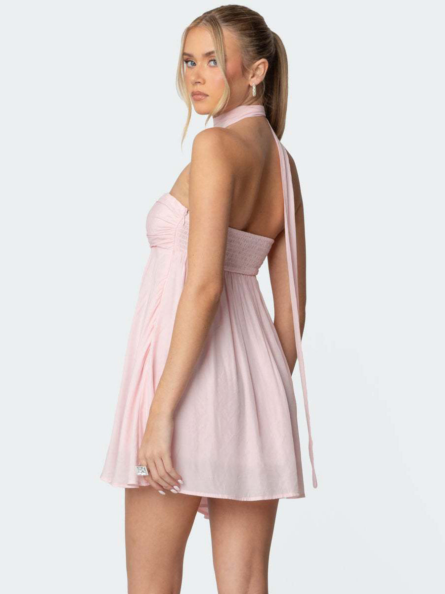 Ruched Mini Chiffon Dress For Women - Pink Sweetheart Neck Halter Scarf A-Line Fit Flare Sundress - Summer Birthday Cocktail 2026