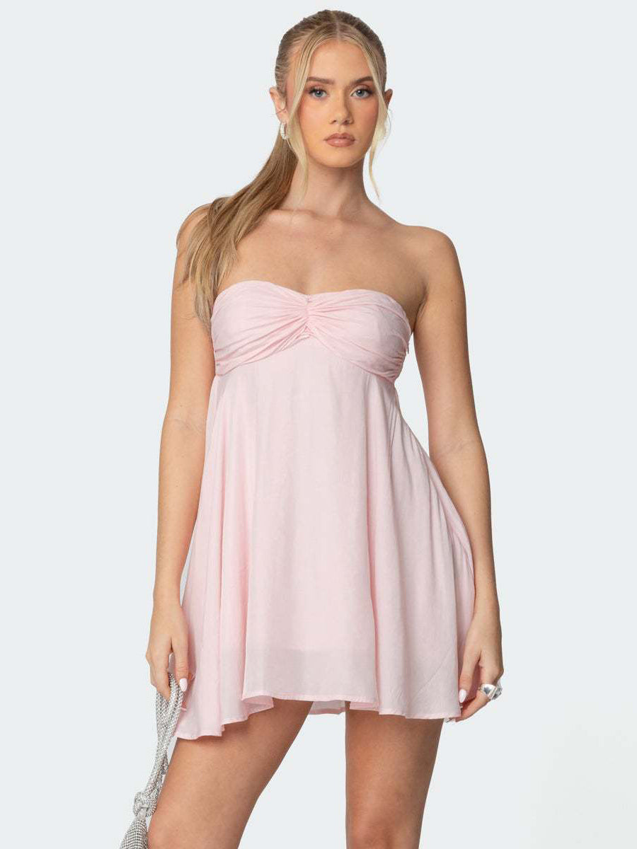 Ruched Mini Chiffon Dress For Women - Pink Sweetheart Neck Halter Scarf A-Line Fit Flare Sundress - Summer Birthday Cocktail 2026