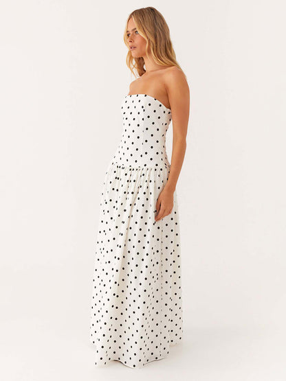 Strapless Printed Maxi Dress For Women - BoHo Bandeau Pleated Drop Waist Long Sundress - Summer Garden Party 2026