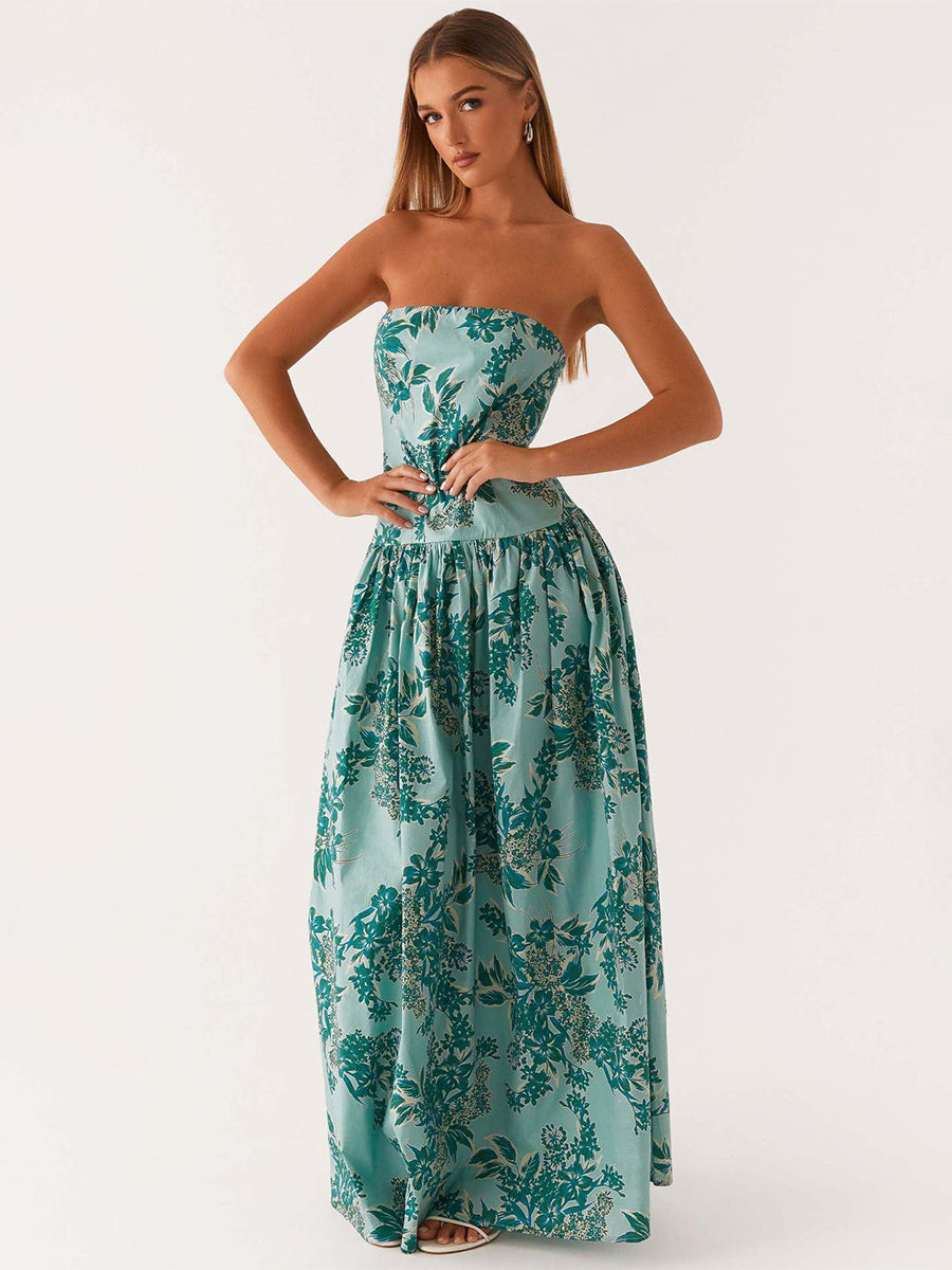 Strapless Printed Maxi Dress For Women - BoHo Bandeau Pleated Drop Waist Long Sundress - Summer Garden Party 2026