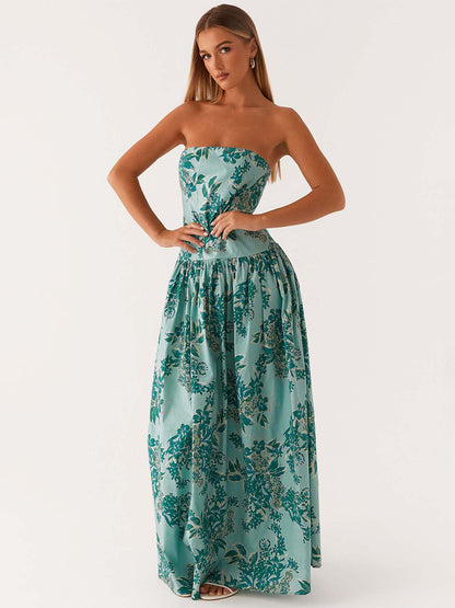 Strapless Printed Maxi Dress For Women - BoHo Bandeau Pleated Drop Waist Long Sundress - Summer Garden Party 2026