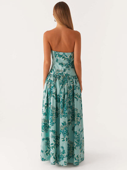 Strapless Printed Maxi Dress For Women - BoHo Bandeau Pleated Drop Waist Long Sundress - Summer Garden Party 2026