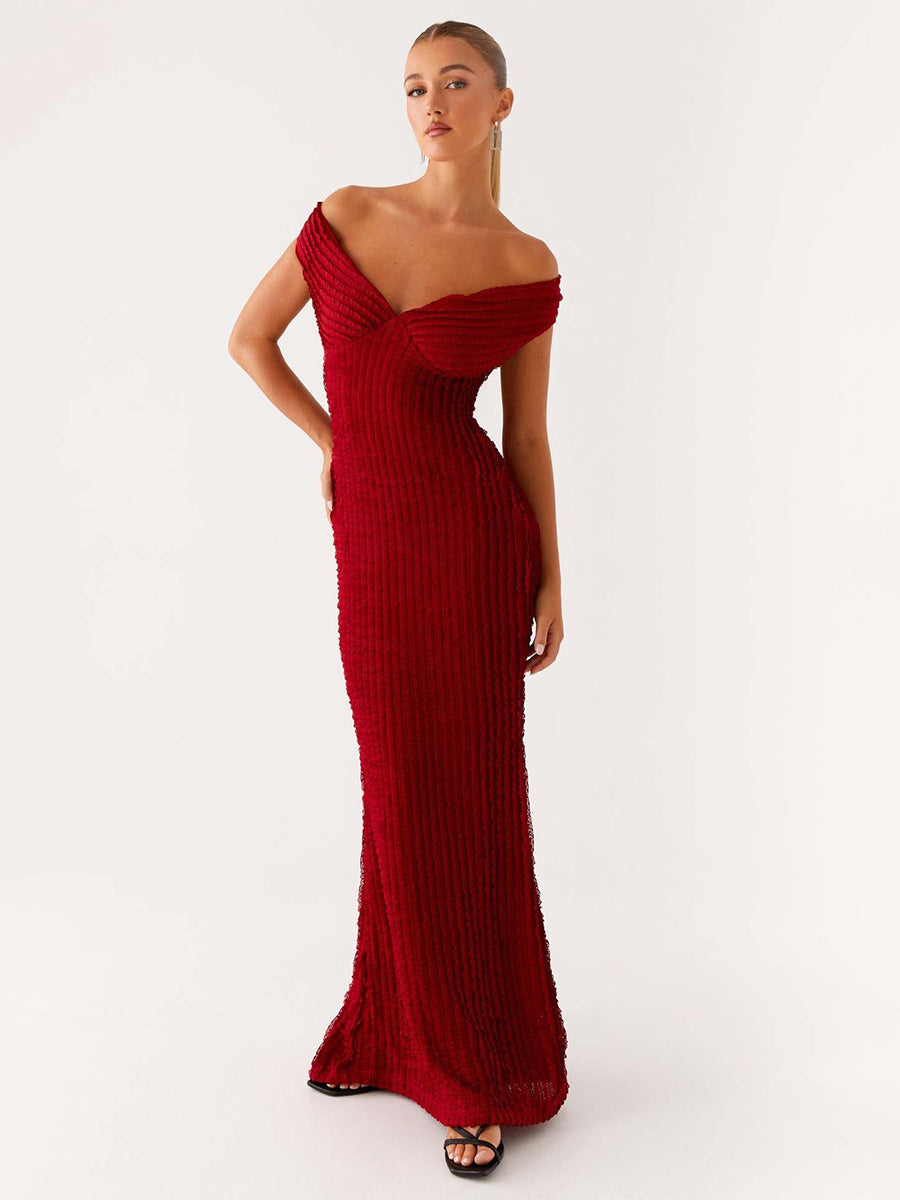 Off Shoulder Maxi Gown For Women - Textured Backless Bodycon Mermaid Dress - Summer Evening Wedding Guest 2026