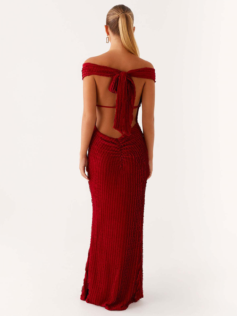 Off Shoulder Maxi Gown For Women - Textured Backless Bodycon Mermaid Dress - Summer Evening Wedding Guest 2026