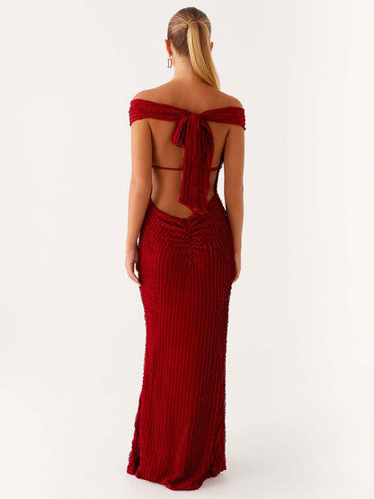 Off Shoulder Maxi Gown For Women - Textured Backless Bodycon Mermaid Dress - Summer Evening Wedding Guest 2026