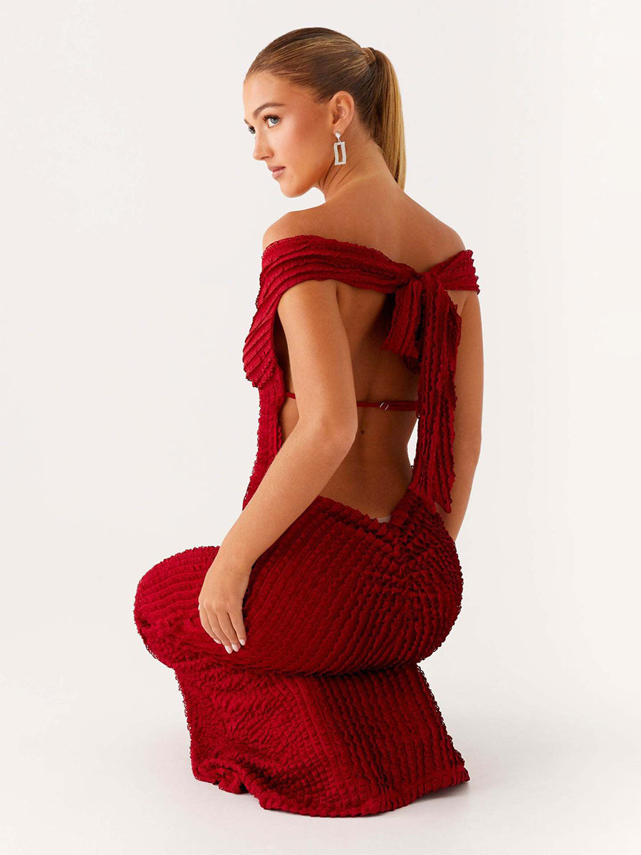 Off Shoulder Maxi Gown For Women - Textured Backless Bodycon Mermaid Dress - Summer Evening Wedding Guest 2026