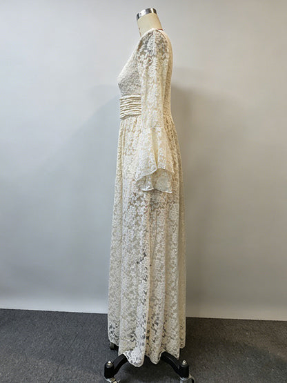 Boho Floral Lace Maxi Dress For Women - Apricot V-Neck Empire Waist Flare Sleeve Long Gown - Spring Beach Resort 2026