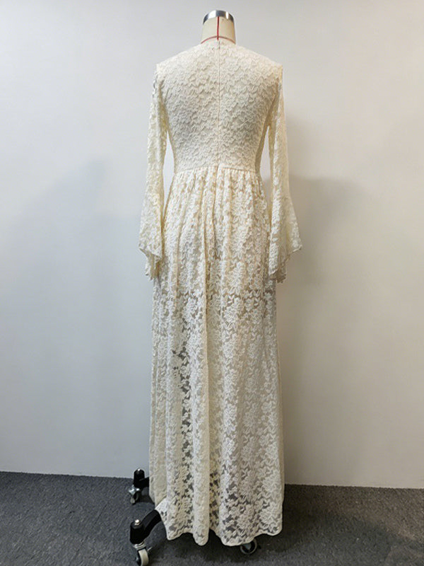 Boho Floral Lace Maxi Dress For Women - Apricot V-Neck Empire Waist Flare Sleeve Long Gown - Spring Beach Resort 2026