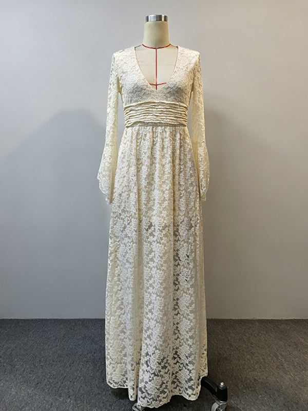 Boho Floral Lace Maxi Dress For Women - Apricot V-Neck Empire Waist Flare Sleeve Long Gown - Spring Beach Resort 2026