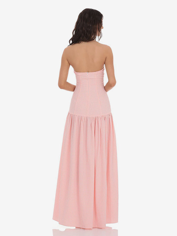 Strapless Gingham Maxi Dress For Women - Plaid Bandeau Drop Waist Long Sundress - Summer Picnic 2026
