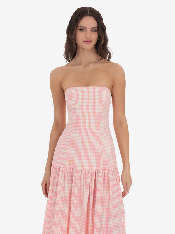 Strapless Gingham Maxi Dress For Women - Plaid Bandeau Drop Waist Long Sundress - Summer Picnic 2026