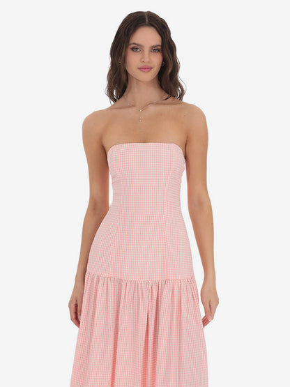 Strapless Gingham Maxi Dress For Women - Plaid Bandeau Drop Waist Long Sundress - Summer Picnic 2026