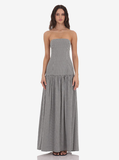 Strapless Gingham Maxi Dress For Women - Plaid Bandeau Drop Waist Long Sundress - Summer Picnic 2026