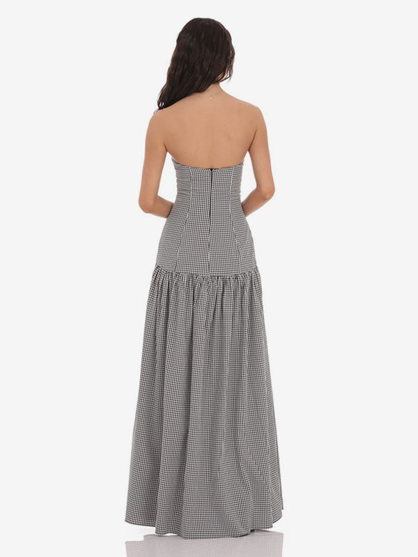 Strapless Gingham Maxi Dress For Women - Plaid Bandeau Drop Waist Long Sundress - Summer Picnic 2026
