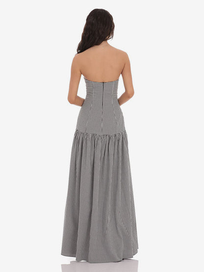 Strapless Gingham Maxi Dress For Women - Plaid Bandeau Drop Waist Long Sundress - Summer Picnic 2026