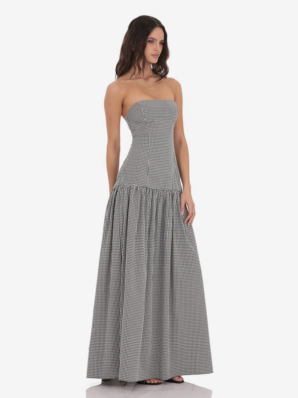 Strapless Gingham Maxi Dress For Women - Plaid Bandeau Drop Waist Long Sundress - Summer Picnic 2026