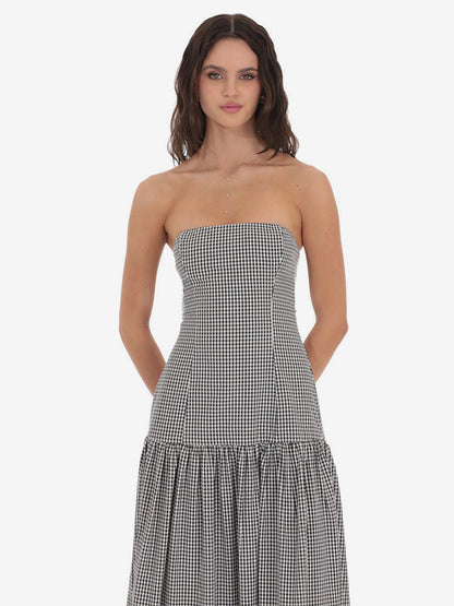 Strapless Gingham Maxi Dress For Women - Plaid Bandeau Drop Waist Long Sundress - Summer Picnic 2026