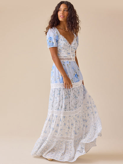 Floral Puff Sleeve Maxi Dress For Women - Boho Lace Trim Tiered Ruffle Long Sundress - Summer Beach Party 2026