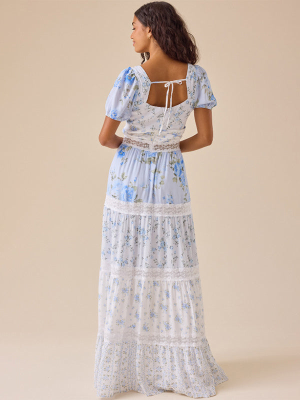 Floral Puff Sleeve Maxi Dress For Women - Boho Lace Trim Tiered Ruffle Long Sundress - Summer Beach Party 2026