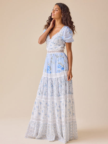 Floral Puff Sleeve Maxi Dress For Women - Boho Lace Trim Tiered Ruffle Long Sundress - Summer Beach Party 2026
