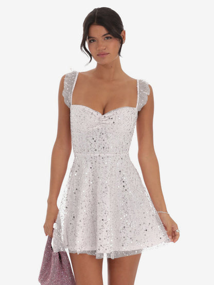 Sequin Tulle Mini Dress For Women - Sweetheart Neck Lace Up Back Sleeveless A-Line Sun Dress - Summer Birthday Party 2026
