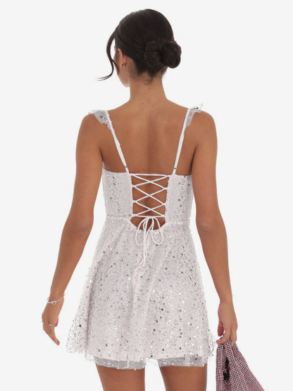 Sequin Tulle Mini Dress For Women - Sweetheart Neck Lace Up Back Sleeveless A-Line Sun Dress - Summer Birthday Party 2026