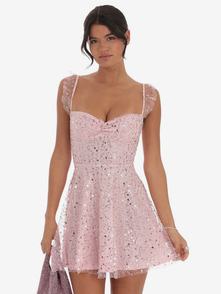 Sequin Tulle Mini Dress For Women - Sweetheart Neck Lace Up Back Sleeveless A-Line Sun Dress - Summer Birthday Party 2026