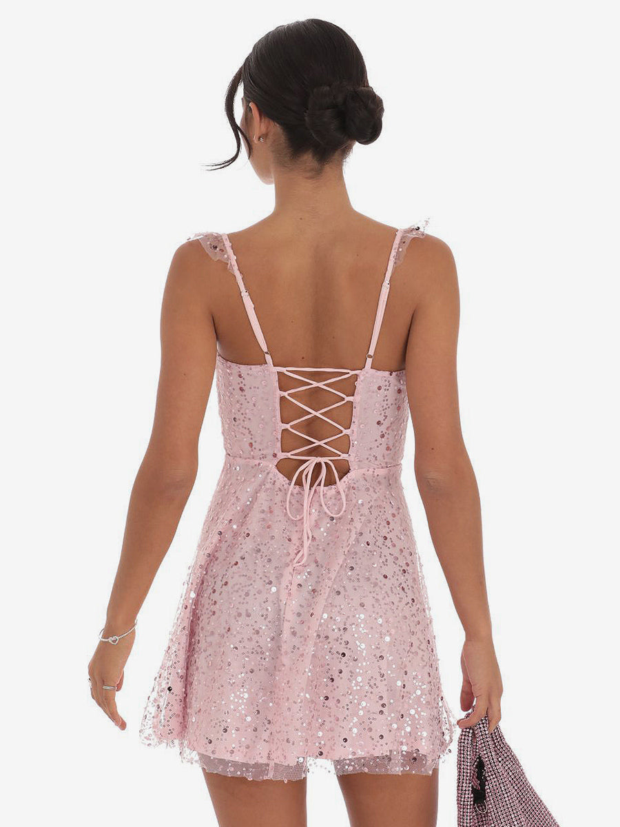 Sequin Tulle Mini Dress For Women - Sweetheart Neck Lace Up Back Sleeveless A-Line Sun Dress - Summer Birthday Party 2026