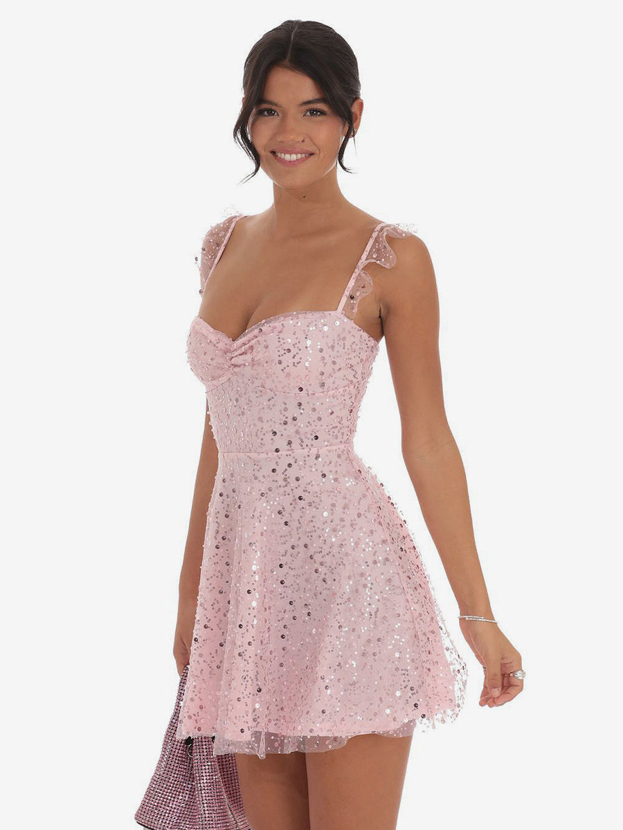 Sequin Tulle Mini Dress For Women - Sweetheart Neck Lace Up Back Sleeveless A-Line Sun Dress - Summer Birthday Party 2026