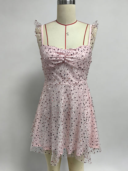 Sequin Tulle Mini Dress For Women - Sweetheart Neck Lace Up Back Sleeveless A-Line Sun Dress - Summer Birthday Party 2026
