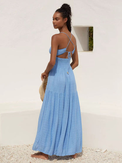 Smocked Backless Maxi Slip Dress For Women - Boho Cutout Front High Slit Sundress - Summer Beach Vacation 2026