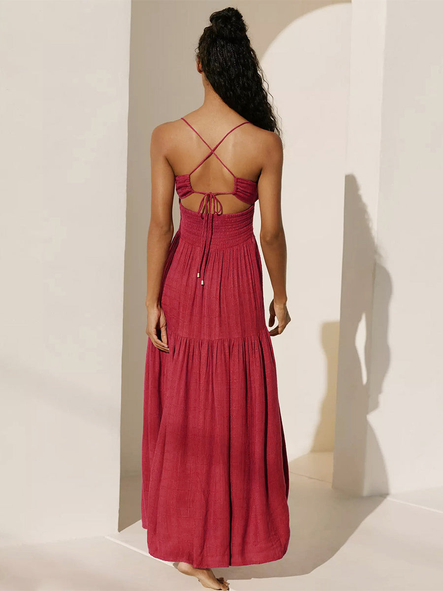 Smocked Backless Maxi Slip Dress For Women - Boho Cutout Front High Slit Sundress - Summer Beach Vacation 2026