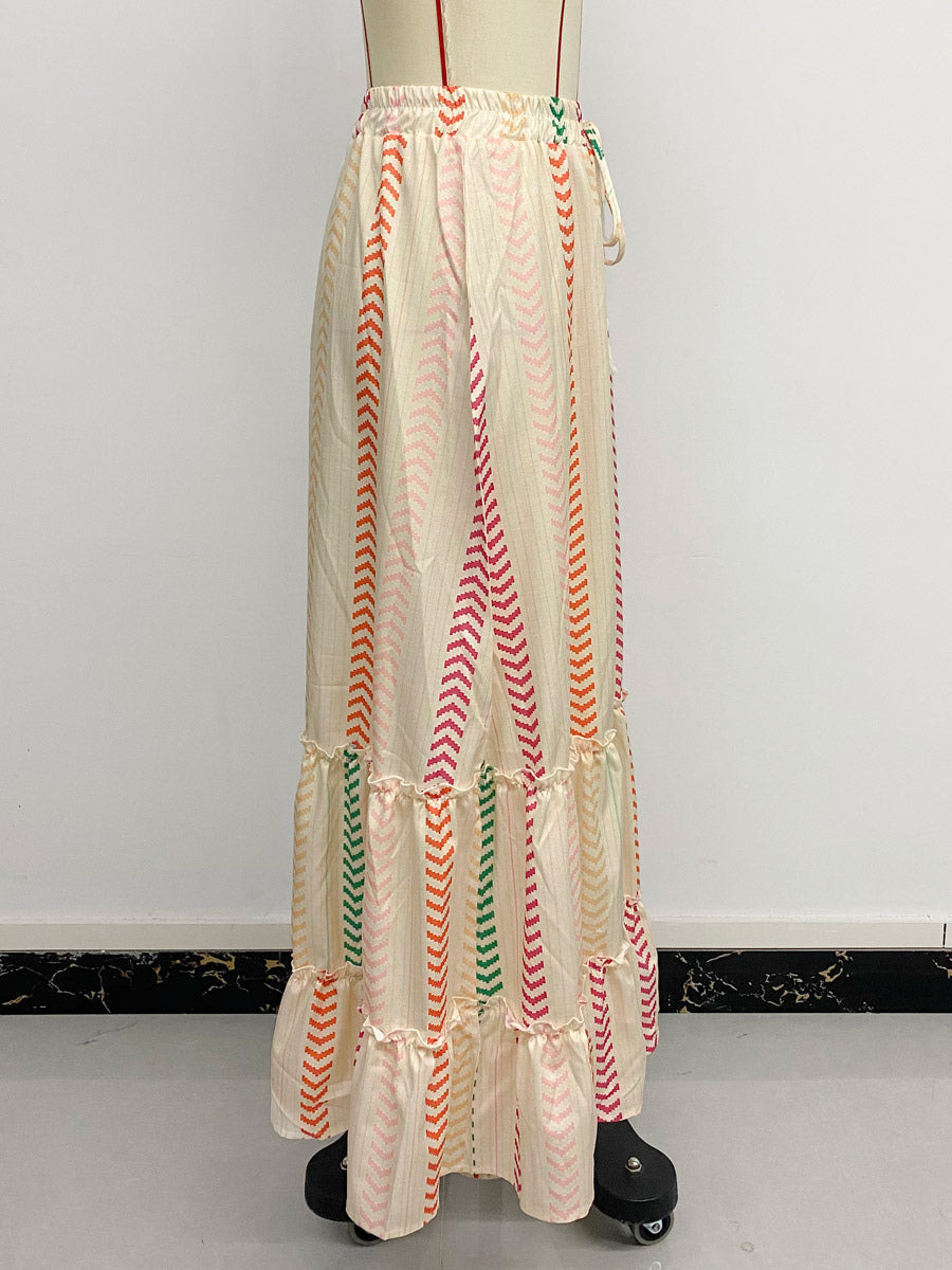 Skirts Apricot Bohemian Stripes Summer Mid-calf Length Women's Bottoms