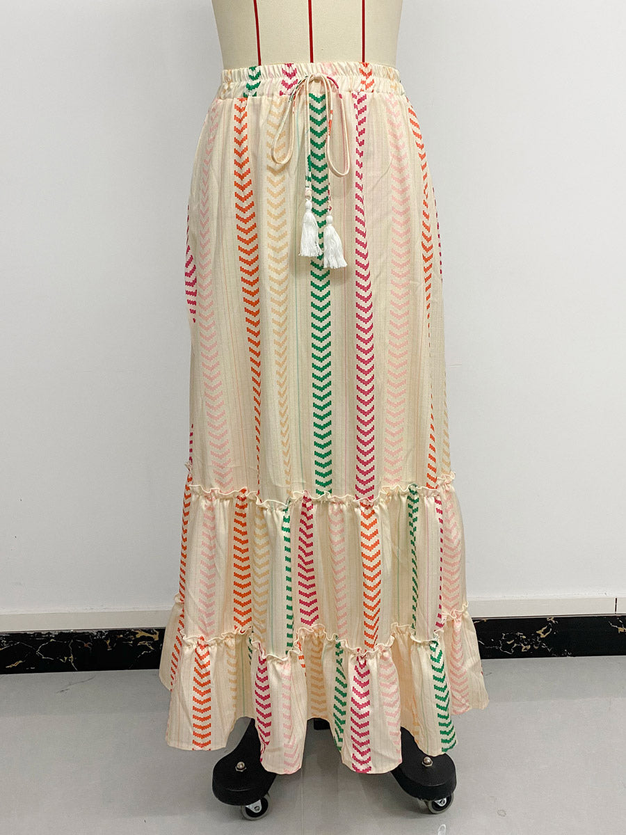 Skirts Apricot Bohemian Stripes Summer Mid-calf Length Women's Bottoms