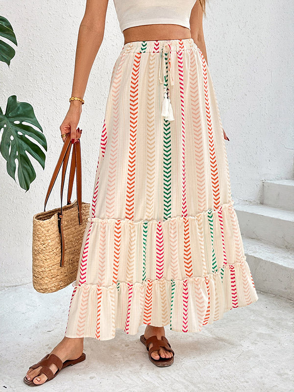 Skirts Apricot Bohemian Stripes Summer Mid-calf Length Women's Bottoms