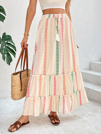 Skirts Apricot Bohemian Stripes Summer Mid-calf Length Women's Bottoms