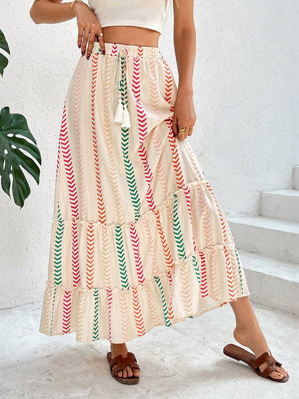 Skirts Apricot Bohemian Stripes Summer Mid-calf Length Women's Bottoms