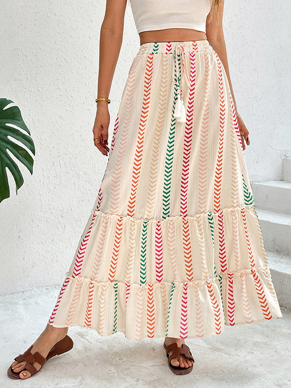 Skirts Apricot Bohemian Stripes Summer Mid-calf Length Women's Bottoms