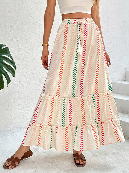 Skirts Apricot Bohemian Stripes Summer Mid-calf Length Women's Bottoms