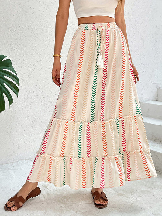 Skirts Apricot Bohemian Stripes Summer Mid-calf Length Women's Bottoms